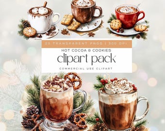 20 Hot Cocoa Clipart | Cookies and Candy PNG | Christmas Hot Chocolate Mug Clipart | Cozy Winter Art | Digital Download for Scrapbooking