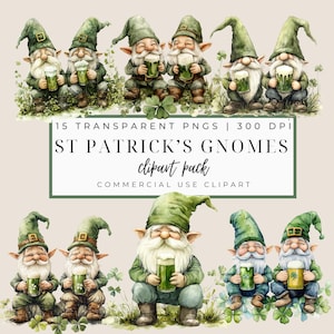 St Patrick&#39;s Day Gnomes Clipart, 15 Transparent PNG, Lucky St Patrick&#39;s Day, Green, Card Making, Digital Paper Craft, Commercial Use