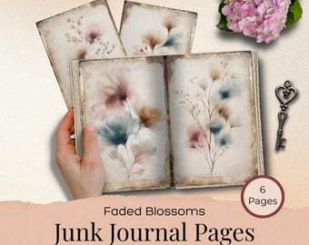May include: A set of six junk journal pages titled Faded Blossoms, featuring watercolor-style floral illustrations in muted tones. The pages have a weathered, vintage appearance with frayed edges, accompanied by a small metal key and pink hydrangea.