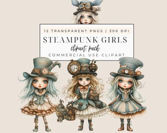 スチームパンクガールズクリップアート：25枚のPNG水彩イラスト（商用