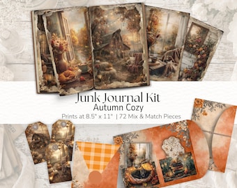 Autumn Cozy Junk Journal Kit, Digital Download JPG Scrapbook Paper, Fall Collage Sheets Vintage Ephemera Printable Backgrounds Fall Leaves