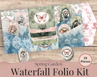 Spring Garden Waterfall Folio Kit, Bugs, Bees & Butterflies Junk Journal Supplies, Pink and Green Scrapbook