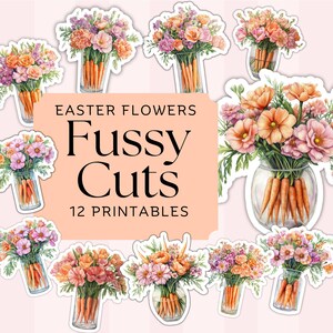 Easter Flower Carrots  Fussy Cut Ephemera Pages, High Quality Printable Digital Download - Junk Journal Scrapbooking Vintage