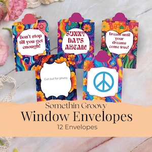 Plantilla imprimible de diario basura con sobre con ventana, ventanas con formas y efímeras, colores brillantes, estilo hippie, flores modernas, descarga digital.