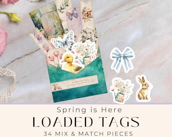 Spring Time Loaded Tags Ephemera Folio Kit, Tillbehör för digitala skräpjournaler, Utskrivbara hantverksmaterial för scrapbooking, Collageark