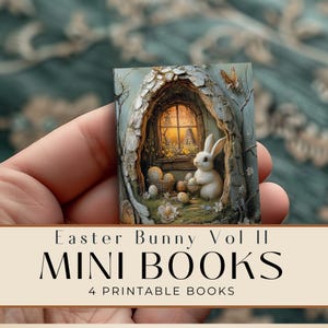 Puede incluir: Una portada de libro en miniatura con temática de Pascua. La portada presenta un conejito blanco, huevos de Pascua y una escena de ventana. El texto "Easter Bunny Vol II MINI BOOKS 4 PRINTABLE BOOKS" está en la portada.