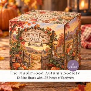 May include: A square cardboard box titled The Pumpkin Patch Keeper Box No. 1, featuring an autumn landscape illustration with pumpkins, maple leaves, a cat, and a lantern. The top lid shows the number 01, and a purple circle indicates 12 Boxes.