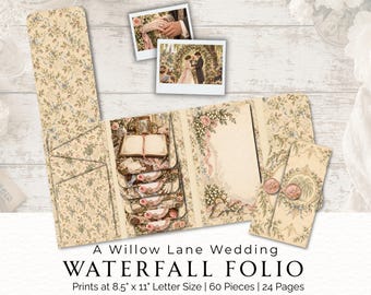 Wedding Waterfall Folio Junk Journal Kit, Interactive Printable Folio, Vintage Wedding Ephemera, Willow Lane Digital Download, 2026