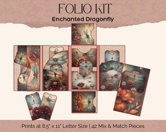 May include: Folio Kit Enchanted Dragonfly paper craft set featuring 42 mix and match pieces with dragonfly and floral illustrations in muted red, blue, and brown tones. Prints at 8.5 inches by 11 inches letter size for assembly.