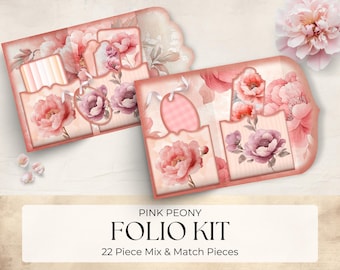 Peony Junk Journal Folio Kit, Junk Journal Kit afdrukbaar folio, Shabby Chic Folio Pioenrozen Afdrukbare pagina's Folio Kit Scrapbookpapier