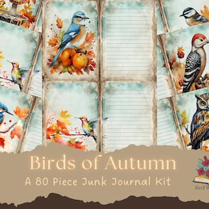 Autumn Birds Junk Journal Kit Pages Printable Autumn Scrapbooking Paper Fall Birds Collage Sheets, Vintage Ephemera Kit Nature Card Making