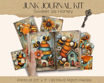 Whimsical Bee and Colorful Honey Papers, Bright Colored Beehive Pages, Art Junk Journaling and Scrapbooking