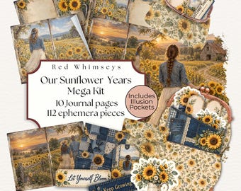 Denim & Sunflower Junk Journal Mega Kit, Farmhouse Ephemera Coin Purse Folio, Illusion Pocket, Interactive Folio Kit, Digital Download, 2026