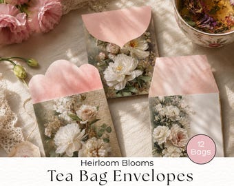 Sobres para bolsitas de té, Rosa Heirloom Shabby Chic, Imprimible para fiesta de té, Diario de arte, Correo feliz, Regalos de té, Té victoriano, Recuerdos de té para bodas