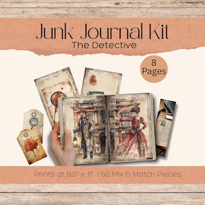 The Detective Vintage Junk Journal Pages Digital Scrapbook Paper Kit Crime Investigation Printable Mystery Case File Victorian Collage Sheet