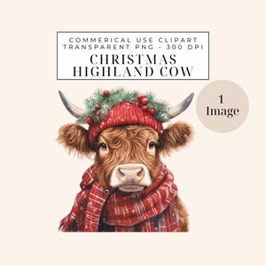 Kerst Highland Cows clipart, aquarel Highland Cow bundel, Junk Journal Christmas Highland Cow JPG | ENKELE AFBEELDING | Commerciële licentie