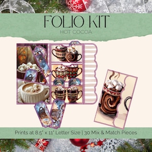 Hot Cocoa Mugs, Folio Junk Journal Kit, With Bookmarks Pockets and Tags, Print at Home, Pink and Brown, Christmas Coffee and Chocolate