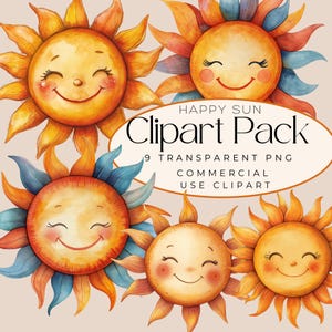 Watercolor Happy Sun Clipart, Commercial Use, Weather Clip Art, Baby Shower, Sun, Rainbow Png, Boho Sun, Nursery Art, Digital Paper Craft