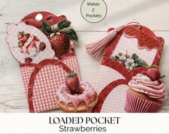 Strawberry Loaded Pockets & Cards, Loaded Pocket Tags, Strawberry Ephemera, Junk Journal Pockets, Embellishments, Pocket Printable Inserts