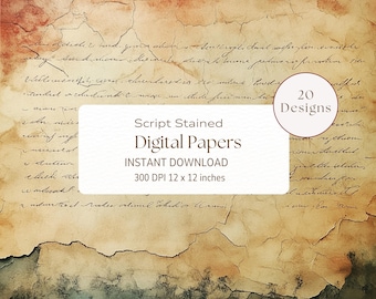 Papeles con tinta de café y té, teñidos y con escritura, papel antiguo, diario de recortes, neutro, marrón, teñido, descarga digital, vintage, imprimible, teñido con café