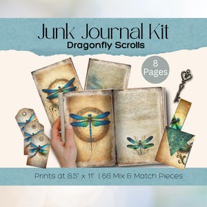 Dragonfly Scroll Junk Journal Kit, Printable Watercolor Bug Junk Journal Digi Kit Scrapbook Card Making Ephemera Pages for Creative Crafting