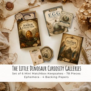 May include: A set of six mini matchbox keepsakes titled The Amber Collection, The Egg Conservatory, and The Feather Gallery, featuring 78 pieces of ephemera, four backing papers, a certificate of authenticity, and a round wax seal stamp.