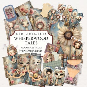 May include: A collection of digital paper craft elements titled RED WHIMSEYS WHISPERWOOD TALES, featuring 10 journal pages and 77 ephemera pieces including illustrations of wide-eyed characters, flowers, mason jars with animals, and envelopes.