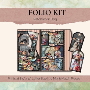 Puede incluir: Un kit folio con un diseño de perro patchwork. El kit incluye impresiones de tamaño carta de 21,6 cm x 27,9 cm con 30 piezas para mezclar y combinar. El diseño presenta retratos de perros abstractos y coloridos, con el texto "FOLIO KIT" y "Patchwork Dog".