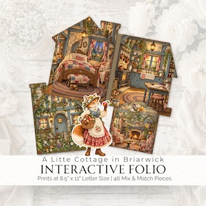 May include: A Litte Cottage in Briarwick INTERACTIVE FOLIO Prints at 8.5" x 11" Letter Size | 46 Mix & Match Pieces. The set features illustrations of a fox character, a bedroom, a kitchen, a fireplace room, and a cottage exterior.
