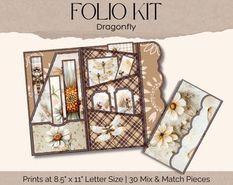 May include: A Folio Kit Dragonfly paper craft set featuring brown plaid patterns, white daisy illustrations, and dragonfly motifs. The kit includes 30 mix and match pieces that print at 8.5 inches by 11 inches letter size for scrapbooking.