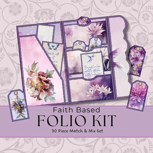 May include: A Faith Based Folio Kit with a floral design in shades of purple and pink. The kit includes a folio with pockets, tags, and decorative elements. The text on the kit reads "Faith Based FOLIO KIT" and "30 Piece Match & Mix Set."
