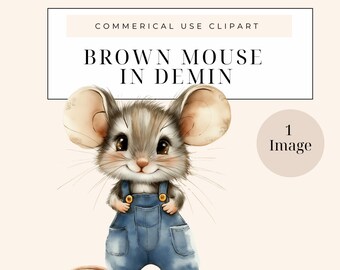 Mouse in Denim Clipart - Cute Watercolor Mice PNG with Commercial License for Paper Crafts & DIY Projects