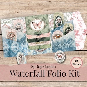 Spring Garden Waterfall Folio Kit, Bugs, Bees & Butterflies Junk Journal Supplies, Pink and Green Scrapbook