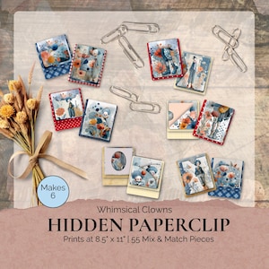 Whimsical Clowns and Flowers Hidden Paperclips, Printable Ephemera Junk Journal Kit and Folio, Journal Supplies, Paperclip Bookmark