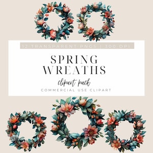 12 elegantes imágenes prediseñadas de coronas de primavera para invitaciones, tarjetas, diseños digitales, decoración de temporada, descarga de PNG florales, fondo transparente