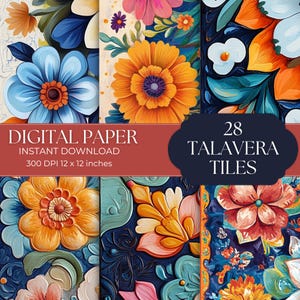 Spaanse tegels digitaal papier| Blauwe en witte tegel | Naadloze Spaanse tegelontwerpen | Digitale achtergrond | Spaans digitaal papier | Junkjournaal