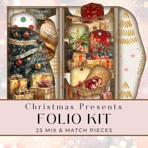 Rustic Christmas Presents Junk Journal Folio Printable, 25 Piece Mix & Match Pockets, Ephemera and Tags, Printable Paper Craft 11 x 8.5