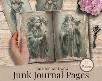 May include: A set of 14 junk journal pages titled The Familiar Bond, featuring illustrations of figures with mythical creatures. The pages show detailed artwork in muted tones, including a person with an owl and a hooded figure with a dragon.