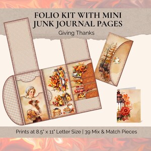 Może przedstawiać: Zestaw folio z mini stronami dziennika śmieciowego. Zestaw zawiera dekoracyjne folio, kopertę i kartę, wszystkie z ilustracjami w stylu vintage z motywem Święta Dziękczynienia. Tekst na obrazku brzmi "Giving Thanks". Wydruki mają wymiary 21.6 cm x 27.9 cm.