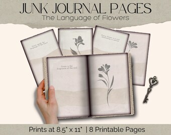 Seiten für ein Junk-Journal mit Blumenmotiven, Affirmationsseiten für digitales Scrapbooking. Druckbare Seiten zur botanischen Selbstreflexion.