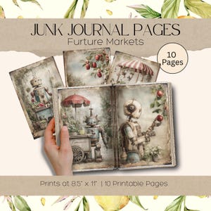May include: A set of 10 printable junk journal pages, each featuring vintage-style illustrations of robots in a garden. The pages are sized at 21.6 cm x 27.9 cm and include the text "JUNK JOURNAL PAGES" and "Furture Markets".