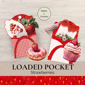 Tasche e biglietti con fragole, etichette per tasche, materiale decorativo con fragole, tasche per junk journal, abbellimenti, inserti stampabili per tasche