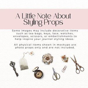 various styling props, such as a key, a tea bag, a flower, scissors, and a compass, arranged in a visually appealing manner.