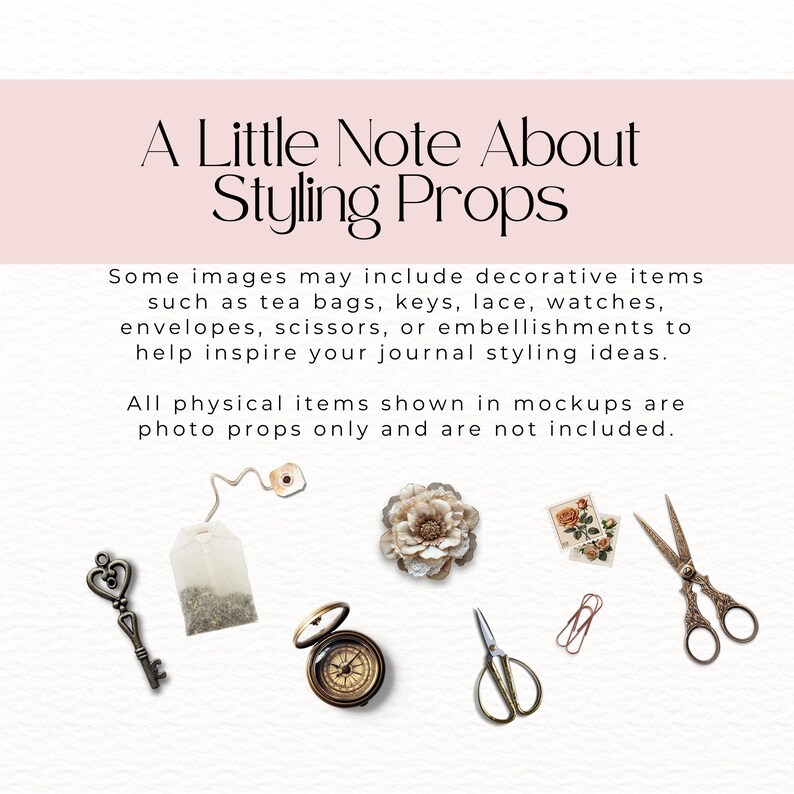various styling props, such as a key, a tea bag, a flower, scissors, and a compass, arranged in a visually appealing manner.