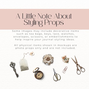 various styling props, such as a key, a tea bag, a flower, scissors, and a compass, arranged in a visually appealing manner.
