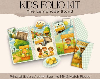 Kit de folio para el puesto de limonada, kit infantil para diario basura, kit de descarga digital para scrapbooking de verano, manualidades infantiles