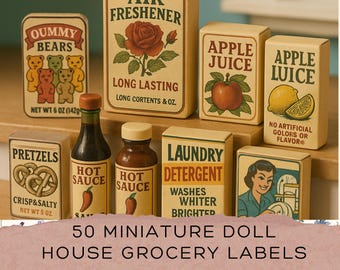 Dollhouse Miniature Grocery Labels, Tiny Cleaning Product Stickers, Mini Snack Labels for Dollhouse Decor