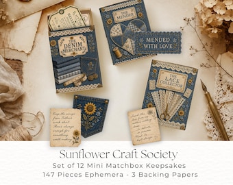 Needle Craft Sunflower and Denim Printable Matchbox Kit | 12 Sewing Keepsakes | Vintage Needlecraft Ephemera | Junk Journal, 2026