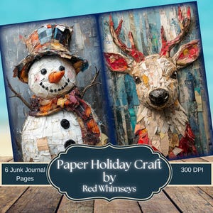 Père Noël et renne en papier, pages de journal indésirables, bonhomme de neige et poinsettia, impression à la maison, scrapbooking et fabrication de cartes