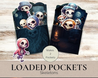 Halloween Spooky Skeletons Loaded Pocket, Scary Childrens Junk Journal Pocket with Ephemera, Loaded Tag Gift Pocket, Digital Download
